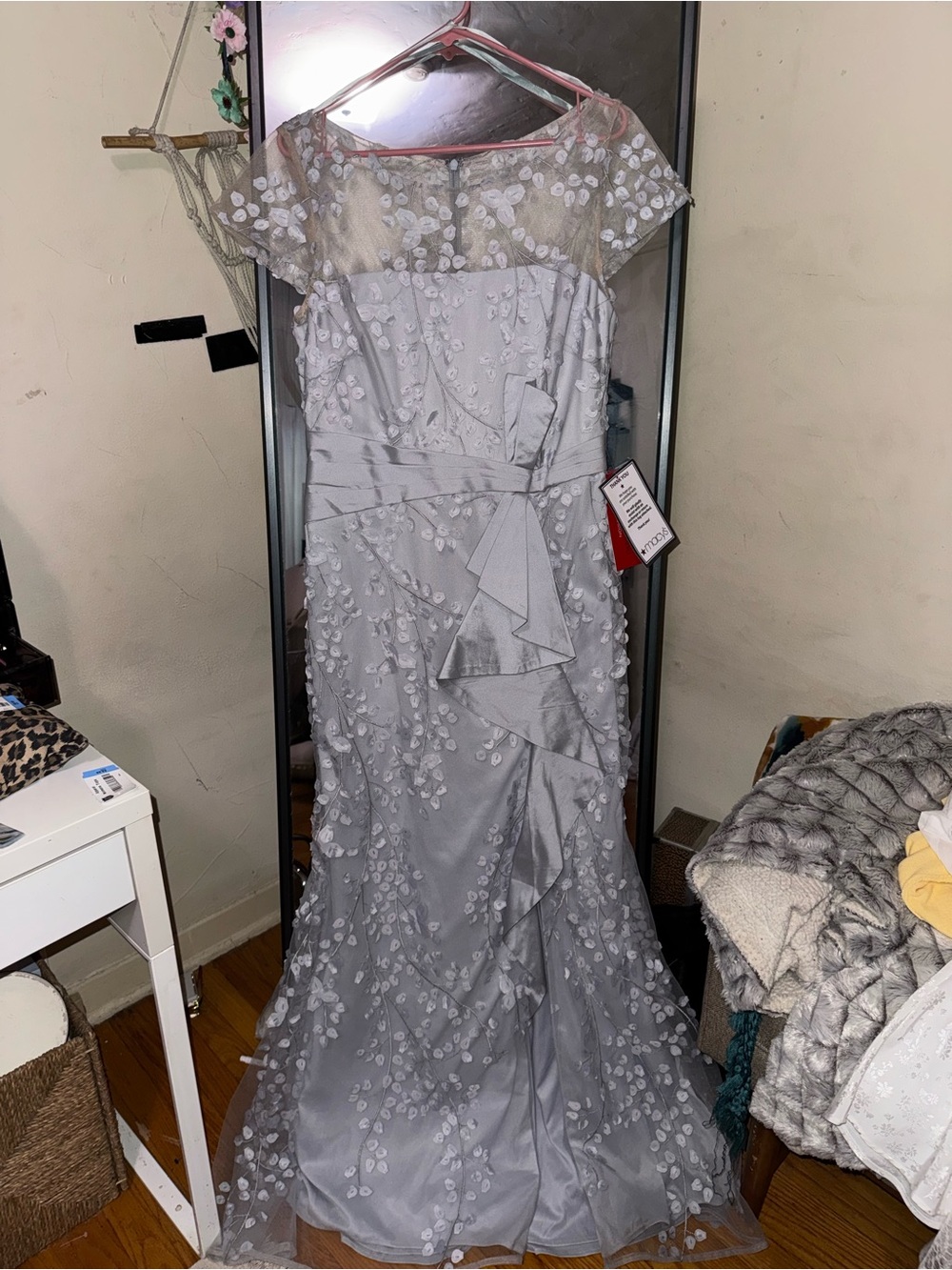 Carmen Marc Valvo Silver Illusion Beaded Gown